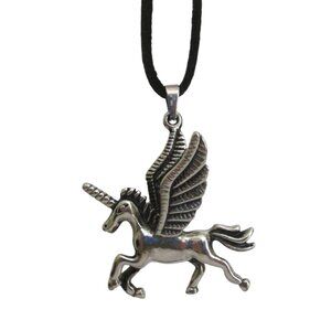 New Pegasus Winged Unicorn Pendant Necklace On Black Suede Cord Mythical Fantasy